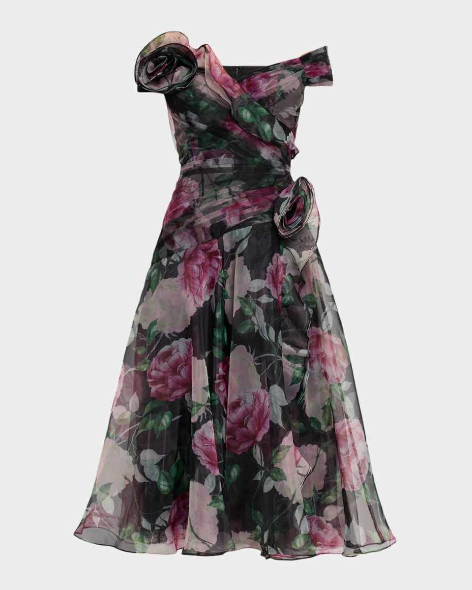 Off-Shoulder Pleated Organza Midi Dress